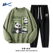 回力男生套装春款时尚，潮流熊猫穿搭一套休闲绿色运动服卫衣卫裤男