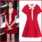夏季连衣裙明星关晓彤同款短袖红色娃娃领系带裙子学院风衣服