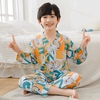 儿童睡衣男童夏季薄款棉绸开衫长袖3-6-12岁男孩中大童绵绸空调服