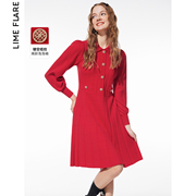 莱茵福莱尔大红色复古泡泡袖，针织连衣裙翻领2023冬季别致裙子