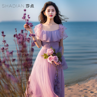 法式浪漫连衣裙紫色玫瑰荷叶边长裙，夏季方(夏季方)领气质大摆裙海边