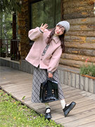 甜美风学生秋冬灰粉色羊毛呢子短外套格纹半身裙套装两件套女