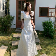 130厘米高个子原创设计夏季浮雕提花收腰显瘦领证短袖连衣裙