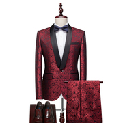 秋冬男士晚礼服西装套装男休闲两件套红色英伦风个性宽领单西外套