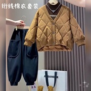 女童棉服套装秋冬装2023时尚儿童设计感绗线小棉衣外套两件套