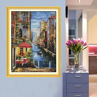 自己绣水上威尼斯，十字绣欧式油画风景，竖版2023玄关走廊线绣