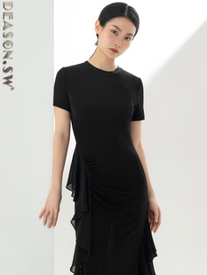 优雅开衩醋酸气质黑色连衣裙2023夏季款修身显瘦包裙长款短袖T恤