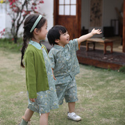 中国风儿童姐弟装男童唐装，女童无袖旗袍，龙凤胎套装新中式兄妹装夏