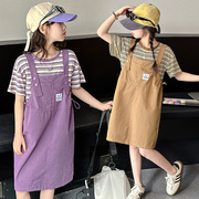 女童条纹短袖背带裙两件套2024夏季款洋气，小女孩学院风套装连衣裙