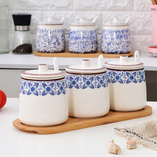 日式陶瓷调味罐套装单个带盖家用盐罐，三件套创意调料盒厨房调料罐