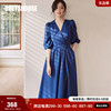 罗衣气质深蓝色连衣裙2024夏装系带灯笼，袖七分袖大摆裙06139