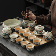 米黄汝窑双龙戏珠功夫，茶具套装家用陶瓷，带盖碗茶杯茶盘喝茶新中式