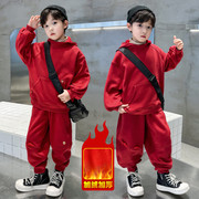 童装男童卫衣套装加绒中国风，12岁男孩红色卫衣长裤男宝宝冬装潮