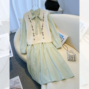 小香风绿色长袖连衣裙女2024秋季女装小个子气质两件套装裙子