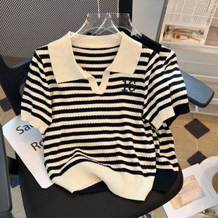 80-200斤Polo领短袖条纹T恤女夏季设计感镂空上衣撞色小衫薄