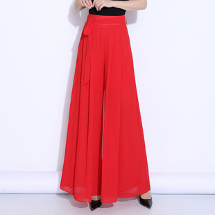 红色雪纺裙裤女夏季薄款2023垂感高个子(高个子)宽松阔腿裤飘逸长裤子