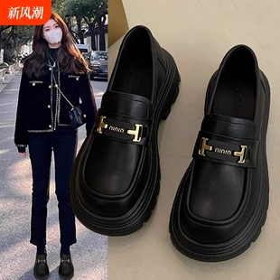 厚底乐福鞋女2025新款春秋豆豆鞋女鞋小皮鞋女款百搭单鞋黑色鞋子