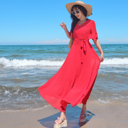 红色雪纺中袖连衣裙波西米亚气质海边度假长裙海南三亚旅游沙滩裙