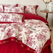 结婚床上四件套大红色，婚房床上用婚庆被套床单，新婚喜被磨毛