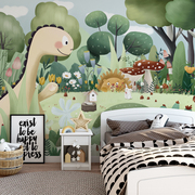 墙纸儿童房主题背景墙恐龙卡通，墙布男孩墙面装饰绿色童话森林壁纸