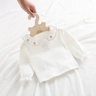 婴儿春秋装打底衫，0-3岁女宝宝长袖白色洋气t恤女童娃娃领新生上衣