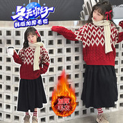 韩版女童毛衣2024秋冬装儿童，针织衫仿羊绒，红色毛织上衣潮加厚