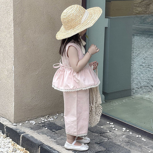 女童韩版刺绣夏季蕾丝粉色甜美无袖套装女宝背心裤子两件套潮