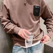 欧洲站秋季圆领拼皮卫衣男士2023纯色打底衫宽松个性长袖T恤