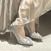 法式高跟鞋女2024银色婚鞋水钻蝴蝶结尖头公主18岁成人礼单鞋