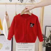 儿童宝宝红色毛衣开衫外套，春秋外搭女童，男童洋气婴幼上衣针织衫