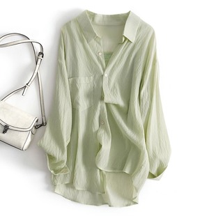 法式夏季绿色薄款防晒衬衫，女设计感小众，休闲上衣天丝雪纺衬衣