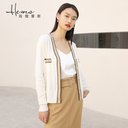 海尔曼斯2021春夏女装短款开衫优雅复古通勤针织衫V领黑白色简约