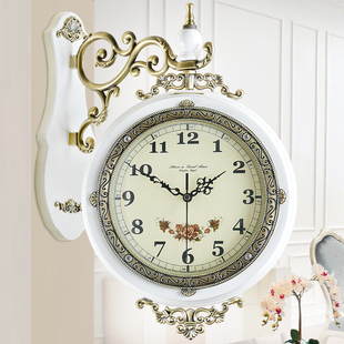 极速欧式客厅挂钟复古双面静音大号实木两面时钟简约家用创意装饰