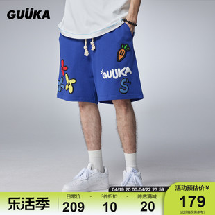 guuka&agaho联名蓝色重磅，短裤男夏季青少年，魔术贴五分裤宽松