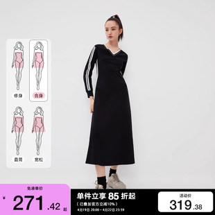 绫致only2024春夏时尚撞色长袖v领长裙伞裙连衣裙女