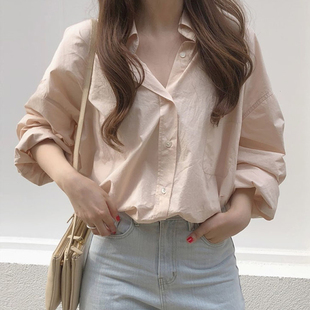 韩国chic早春法式气质，翻领单排扣设计宽松休闲纯色长袖衬衫上衣女