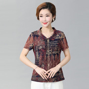 台湾网纱T恤胖妈妈装夏装套装40岁50中年女装大码上衣服短袖衬衫