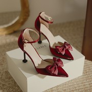 蝴蝶结高跟鞋女细跟百搭春夏季红色婚鞋绸缎，单鞋中跟尖头中空女鞋
