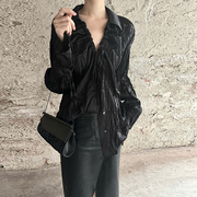 山本耀司Yohji Yamamoto冷淡风小众褶皱黑色衬衫女春夏抽绳防晒衫