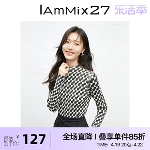 iammix27半高圆领套头毛衫女修身显瘦黑白，格子绵羊毛针织打底衫女