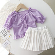 夏季宝宝紫色泡泡袖花边上衣女童薄款短袖衬衫洋气小童V领衬衣女