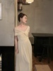 「奥杰塔」复古一字露肩气质，弹力礼服裙女夏白色(夏白色)优雅高级感连衣裙
