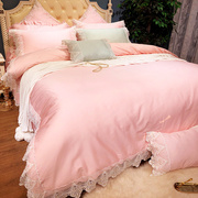 蕾丝四件套床裙花边被套纯棉60支公主风粉色，床罩贡缎床上用品欧式