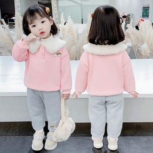 女童冬装套装2023女宝宝洋气卫衣加绒加厚两件套小童冬季棉衣