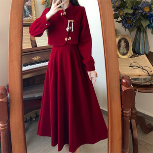 新中式改良旗袍红色丝绒连衣裙，秋大码敬酒服新娘，订婚回门礼服长裙