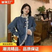 减龄气质蕾丝花边牛仔衬衫，女2023年春秋大码胖mm上衣短款外套衬衣