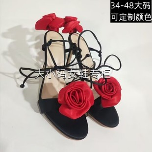 欧美外贸绸缎红色玫瑰，花朵高跟凉鞋，大码细跟后跟脚腕绑带女鱼嘴鞋