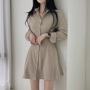 韩国chic秋季法式小众小个子单排扣翻领绑带收腰显瘦衬衫连衣裙女