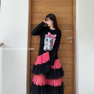 泰国潮牌设计师重工网纱拼接猫咪宽松显瘦蓬蓬，蛋糕长款卫衣连衣裙