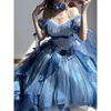 蓝色花嫁礼服lolita连衣裙，女洋装洛丽塔重工，拖尾蓬蓬公主裙